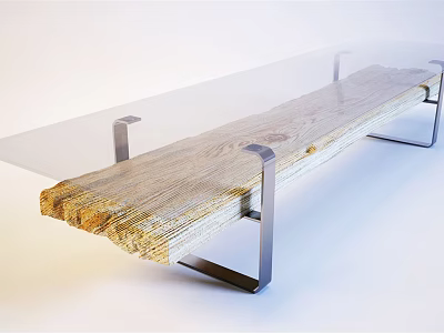 Modern Dining Table With Glass Top Wooden Slab And Metal Legs Design 3d model