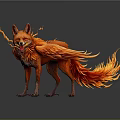 Mythical Flaming Fox with Orange Fiery Fur Standing on Black Background with Reflection