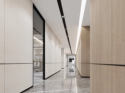 Modern Office Corridor With Wooden Panel Walls Glass Partitions Ceiling Lighting And Polished Floor 3d model