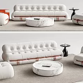 Modern White Tufted Sofa and Round Marble Coffee Table Set With Armchairs and Orange Accents