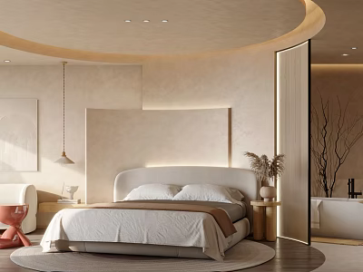 Elegant Modern Hotel Guest Room With Round Ceiling Beige Walls Upholstered Headboard Rug And Bathtub 3d model