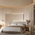 Elegant Modern Hotel Guest Room With Round Ceiling Beige Walls Upholstered Headboard Rug And Bathtub