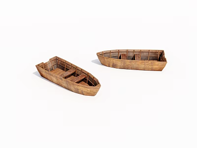 Two Vintage Wooden Boats With Handcrafted Structure And Empty Interior Design 3d model