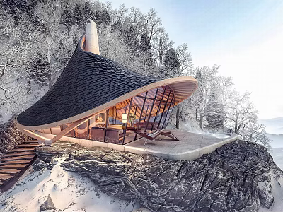 Modern Detached Villa On Cliff With Black Wavy Roof Large Windows And Snow Covered Trees 3d model