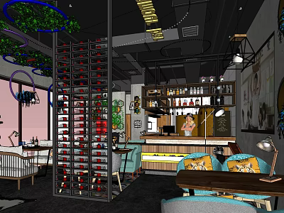 Modern Bar Interior With Wine Rack Green Plants Bar Counter And Cozy Seating 3d model