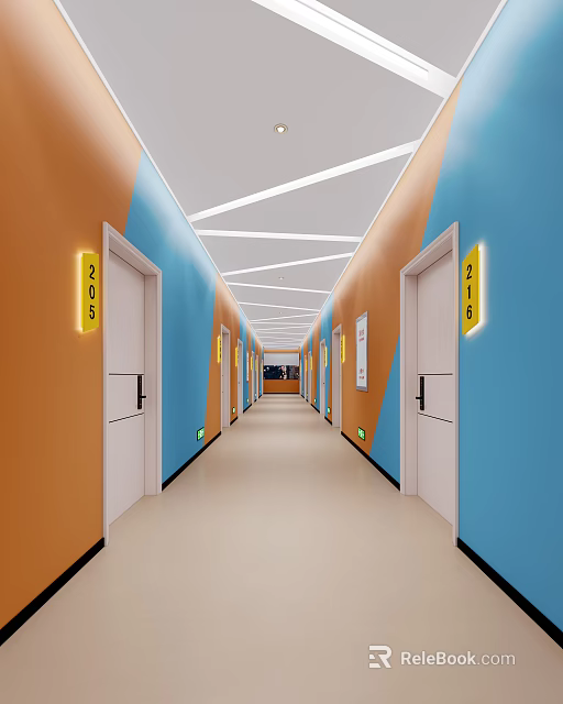 Modern Office Corridor With Orange And Blue Walls White Geometric Ceiling Lines And Numbered Doors 3d model 