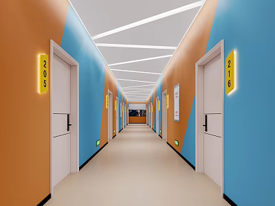 Modern Office Corridor With Orange And Blue Walls White Geometric Ceiling Lines And Numbered Doors 3d model