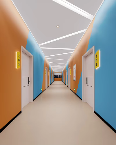 Modern Office Corridor With Orange And Blue Walls White Geometric Ceiling Lines And Numbered Doors 3d model