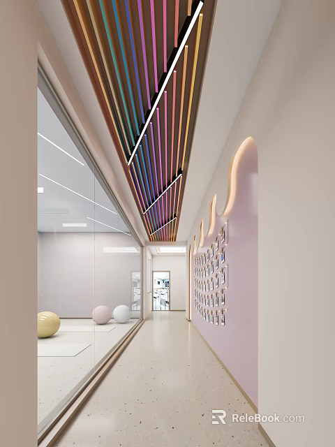 School Corridor Interior With Colorful Striped Ceiling Display Wall And Round Decorations 3d model