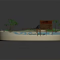 Cartoon Island Scene With Sand Beach Blue Water Brown Cabin Red Roof And Palm Trees
