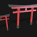 Traditional Red Torii Gate Structures With Black Roofs And Different Sizes