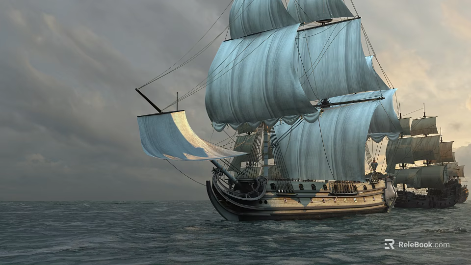 Vintage Sailing Ship With Blue Sails Sailing On Ocean Under Gray Sky 3d model 