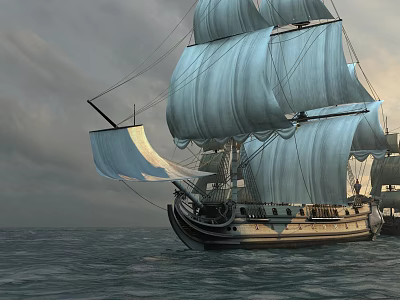 Vintage Sailing Ship With Blue Sails Sailing On Ocean Under Gray Sky 3d model