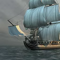 Vintage Sailing Ship With Blue Sails Sailing On Ocean Under Gray Sky