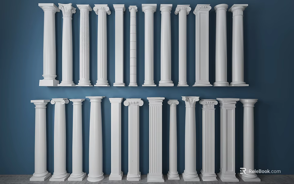 Decorative White Roman Columns Arranged To Display Various Architectural Styles Against Blue Background 3d model 