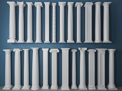Decorative White Roman Columns Arranged To Display Various Architectural Styles Against Blue Background 3d model