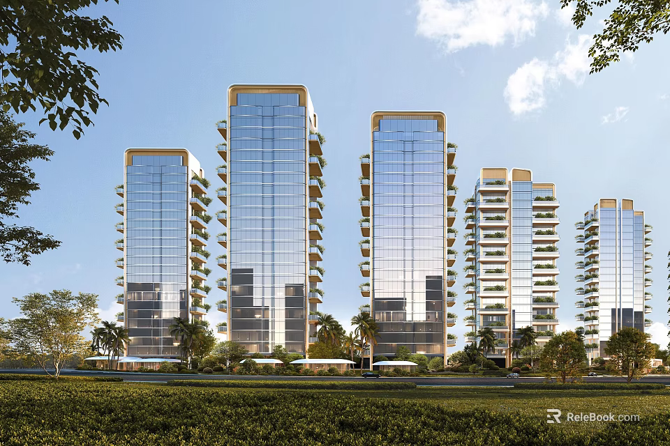 Modern High Rise Residential Buildings With Glass Facade Balconies And Green Surroundings 3d model 