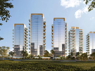 Modern High Rise Residential Buildings With Glass Facade Balconies And Green Surroundings 3d model