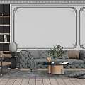Elegant Grey Velvet Sofa And Gold Coffee Table Set With Decorative Plant And Wall Moldings