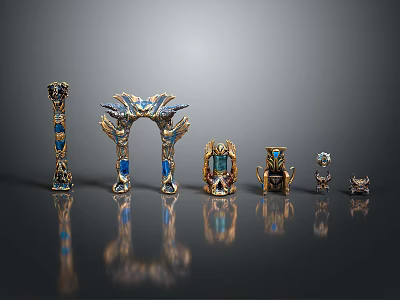 Ornate Metal Decorative Artifacts With Blue Accents And Gemstone Details In Various Designs 3d model