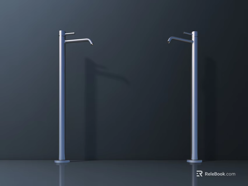 Two Modern Silver Faucets Standing Against Dark Background With Reflective Floor 3d model 