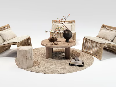 Natural Rattan Chair And Wooden Table Set With Round Rug Decorative Vase Books And Stump 3d model