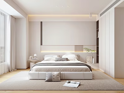 Modern Light Bedroom Interior With Large Bed Simple Headboard Light Curtains And Wardrobe 3d model