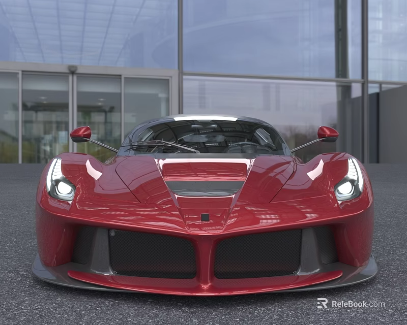 Luxury Red Sports Car Front View With Headlights On And Modern Building 3d model 