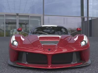 Luxury Red Sports Car Front View With Headlights On And Modern Building 3d model