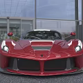 Luxury Red Sports Car Front View With Headlights On And Modern Building