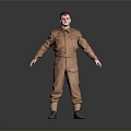 Male Model In Brown Work Overalls Standing With Arms Outstretched On Gray Background