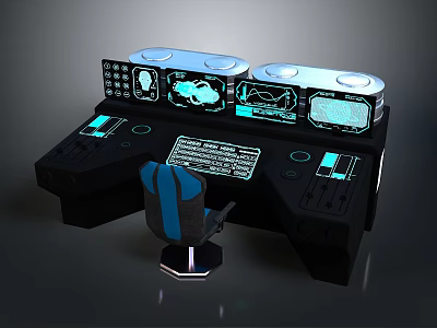Futuristic Control Console Design With Multiple Glowing Screens Keyboard And Blue Accent Chair 3d model