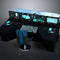 Futuristic Control Console Design With Multiple Glowing Screens Keyboard And Blue Accent Chair