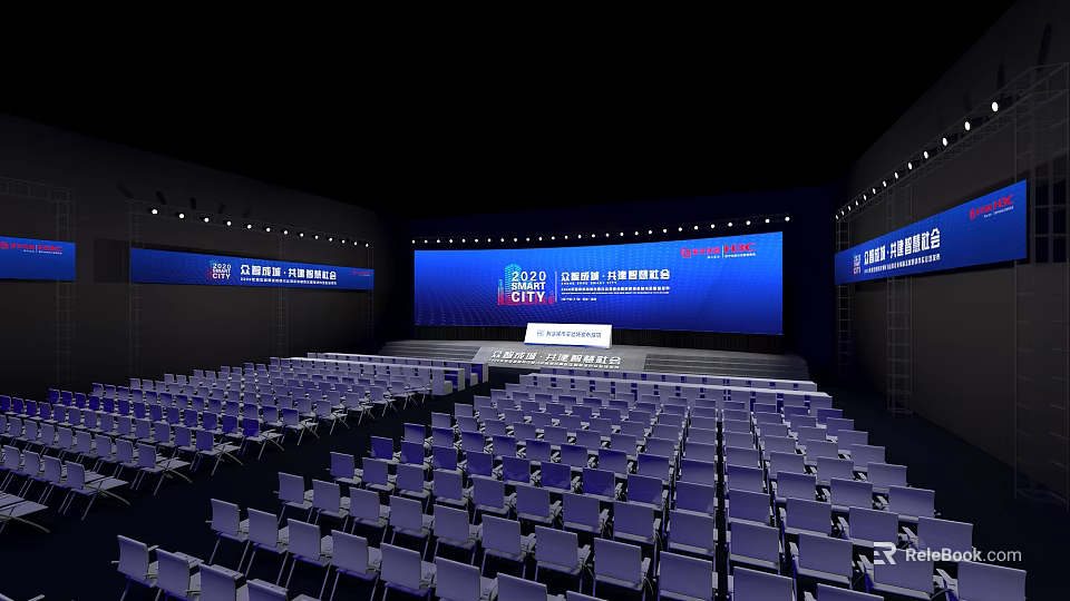Large Conference Hall Interior With Blue Background Stage Seats And Banners 3d model 