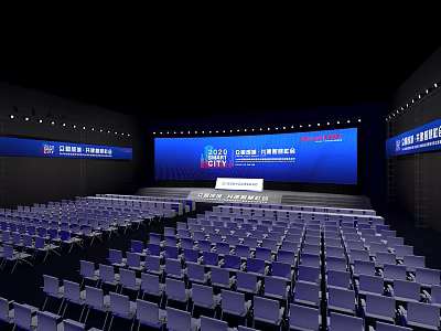 Large Conference Hall Interior With Blue Background Stage Seats And Banners 3d model