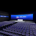 Large Conference Hall Interior With Blue Background Stage Seats And Banners