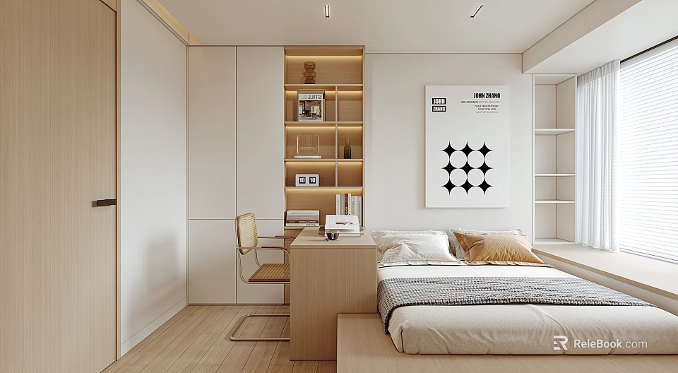 Minimalist Tatami Bedroom With Wooden Desk Chair Built in Bookshelf Decorative Poster And Natural Light 3d model