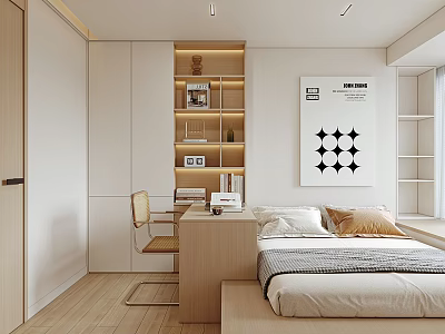 Minimalist Tatami Bedroom With Wooden Desk Chair Built in Bookshelf Decorative Poster And Natural Light 3d model