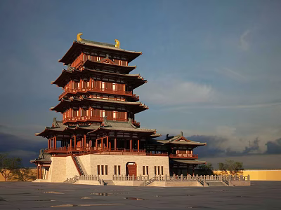 Ancient Chinese Architecture Multi story Wooden Tower With Red Exterior Golden Overhanging Eaves Against Sky 3d model