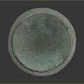 Ancient Bronze Sculpture Carving With Circular Shape Two Handles Greenish Patina And Decorative Engravings