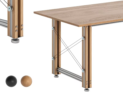 Modern Wooden Desk With Metal Cross Frame Legs Adjustable Feet And Decorative Balls 3d model