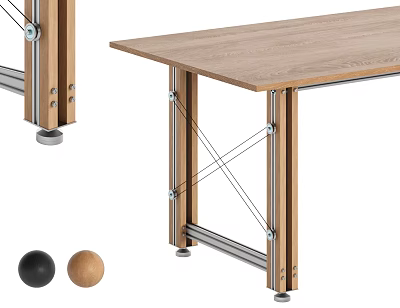 Modern Wooden Desk With Metal Cross Frame Legs Adjustable Feet And Decorative Balls 3d model