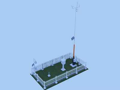 Weather Monitoring Station With White Picket Fence Tall Pole And Weather Vane 3d model