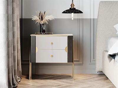 Modern Stylish Bedside Table With Marble Top Gold Legs White Drawers And Decorative Vase 3d model