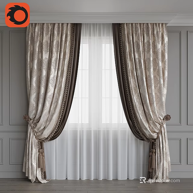 Beige Patterned Curtains With Dark Trim And White Sheer Layer On Grey Wall 3d model 