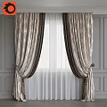 Beige Patterned Curtains With Dark Trim And White Sheer Layer On Grey Wall