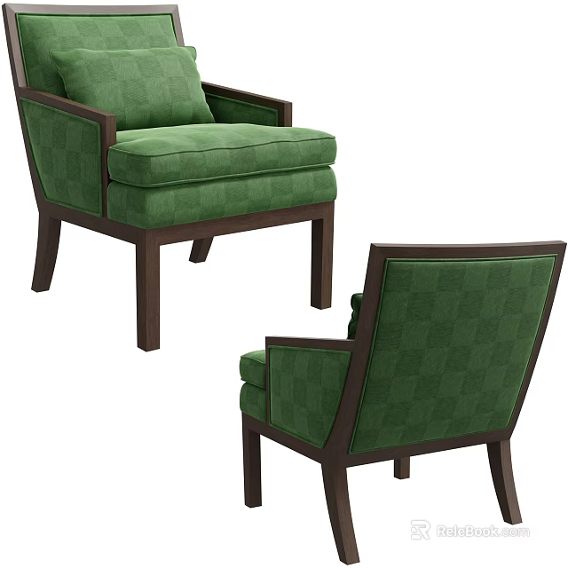 Green Checkerboard Pattern Single Sofa With Dark Wooden Frame And Modern Design 3d model
