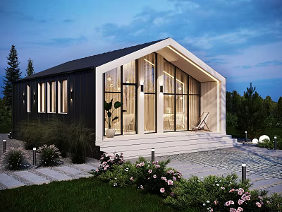 Modern Detached Villa Exterior With Large Glass Windows Stone Steps And Green Plants 3d model