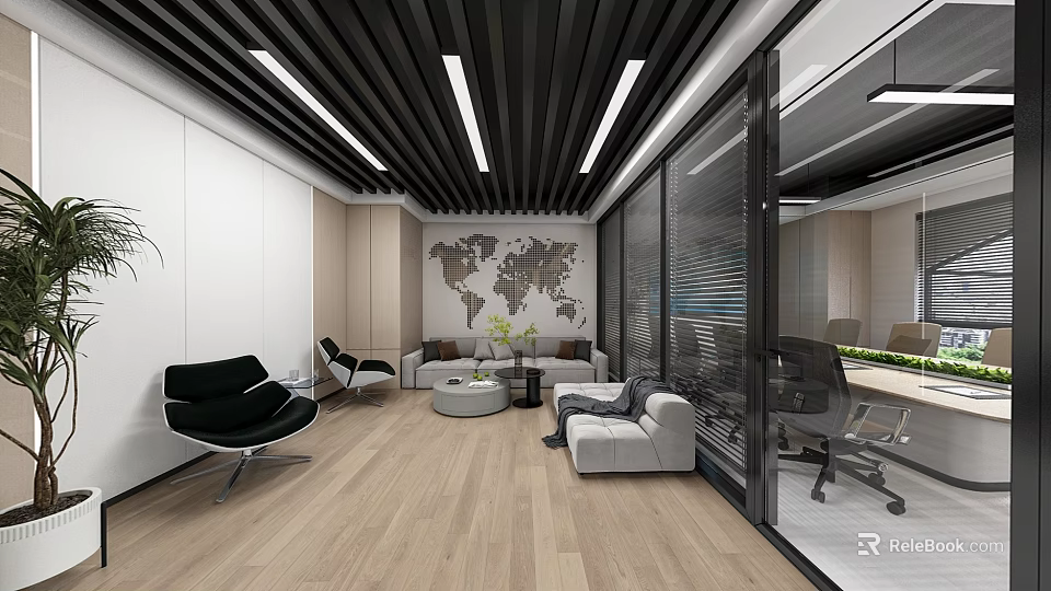 Modern Office Interior Design With Sofa Black Chairs World Map Wall And Glass Partitions 3d model 
