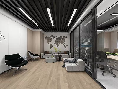 Modern Office Interior Design With Sofa Black Chairs World Map Wall And Glass Partitions 3d model